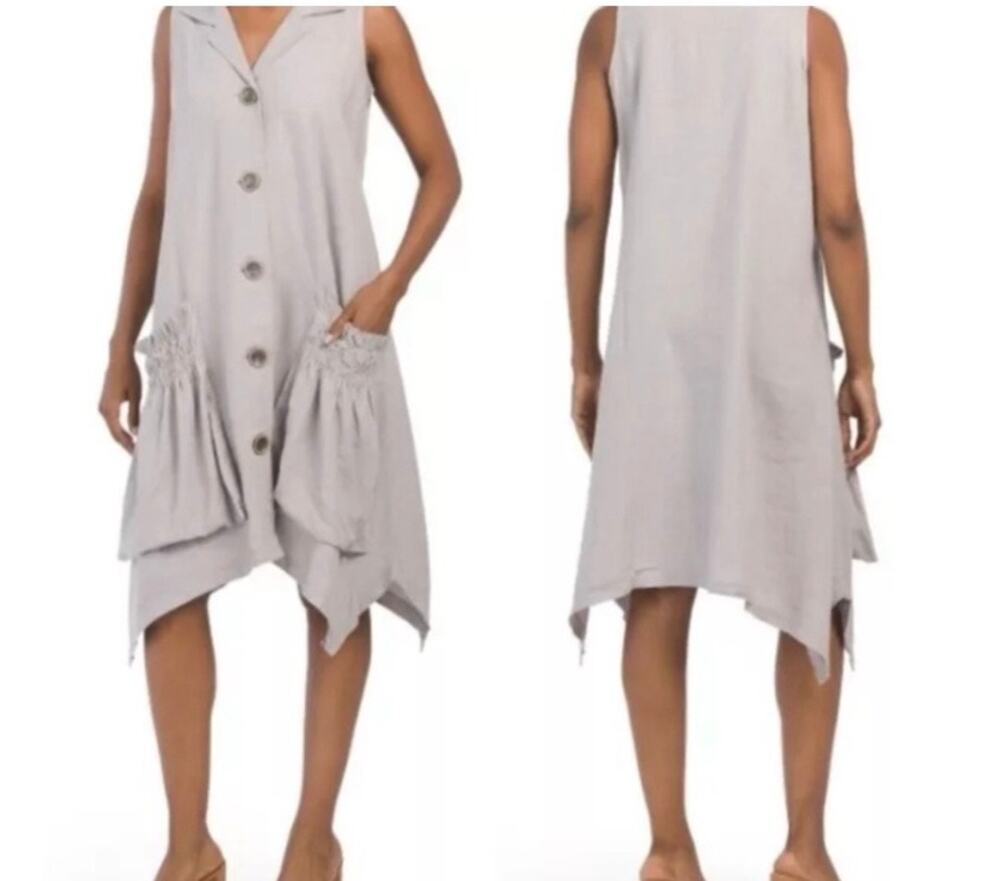 For Cynthia Women's Linen Blend Shark‎ Bite Hem Sleeveless Oversized Dress Small